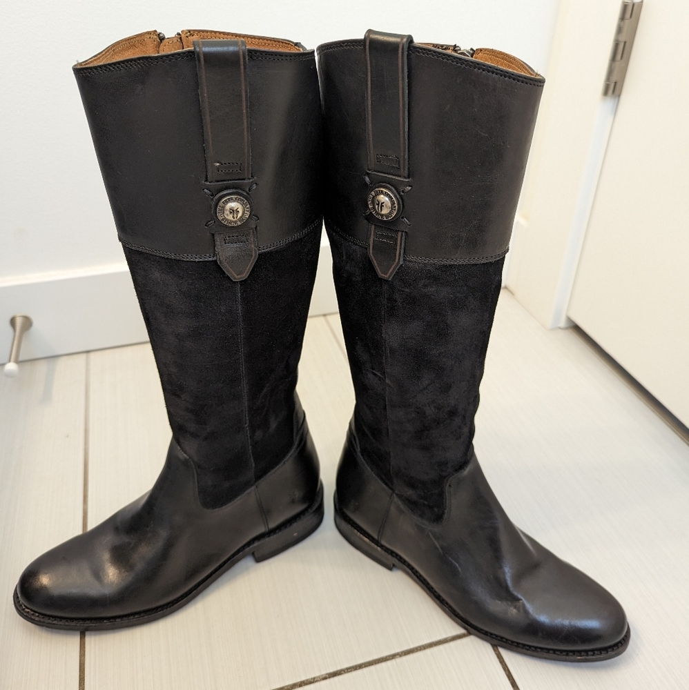 Frye button tall riding boots black leather suede size 7